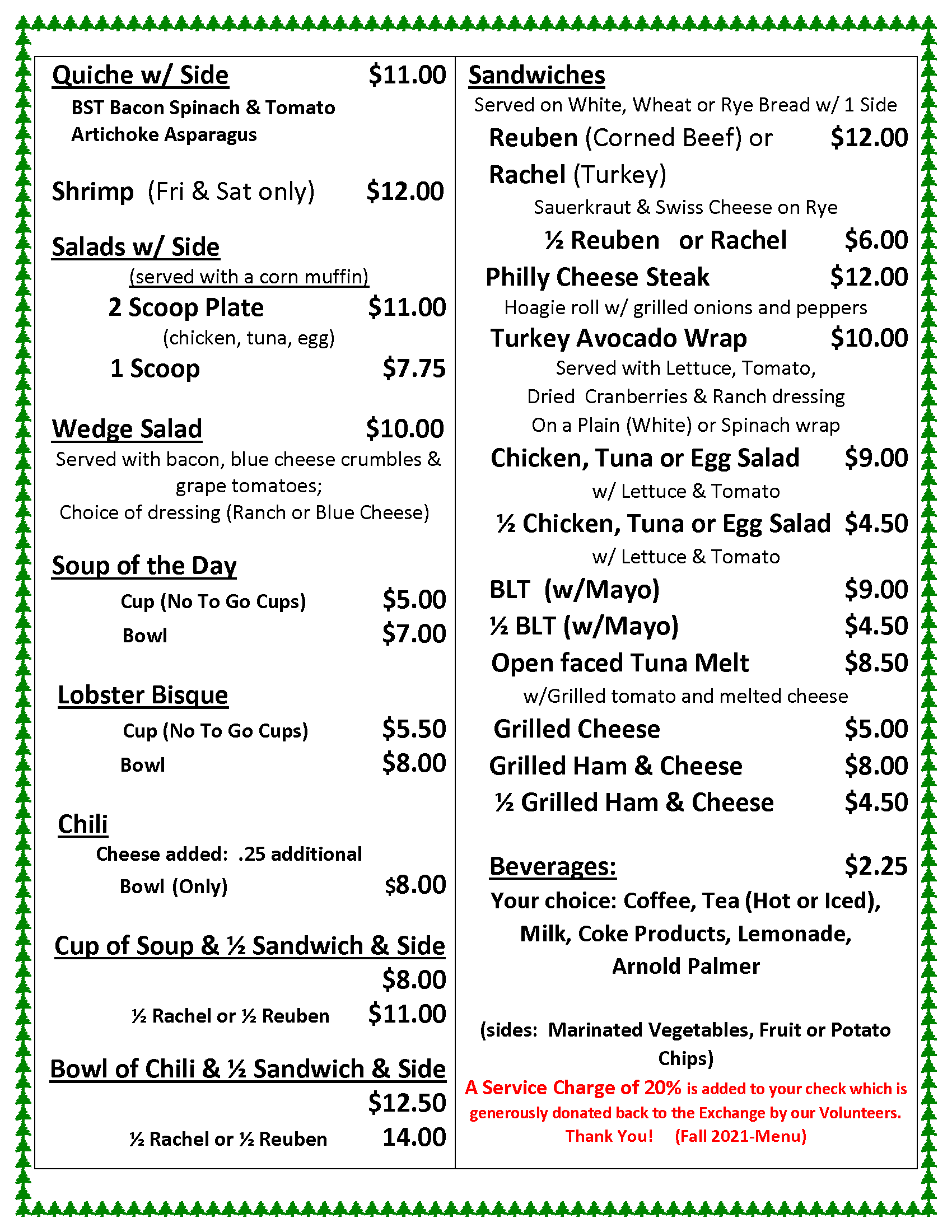 Sandhills Woman's Exchange 2021 Menu
